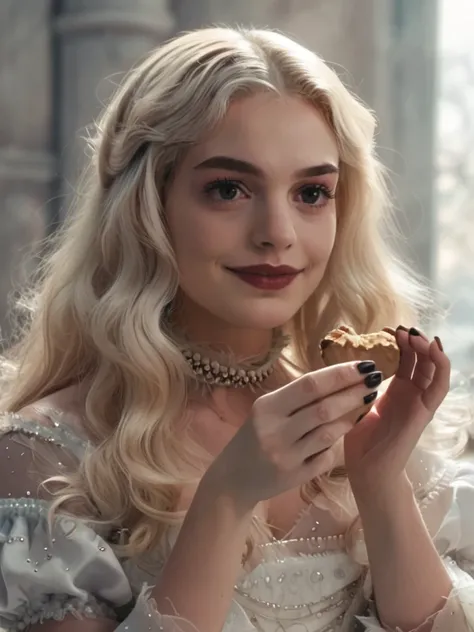 score_9, score_8_up, score_7_up, white queen, a woman with long, wavy blonde hair and dark lipstick, holding a piece of food, 1girl, solo, long hair, looking at viewer, smile, jewelry, closed mouth, upper body, white dress, necklace, nail polish, mole, eye...