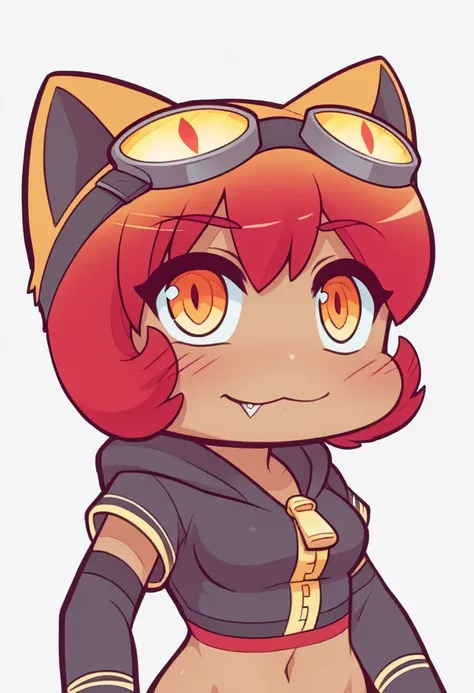 score_9, score_8_up, score_7_up, BREAK,
chibi, outline,
1girl, boopies, red hair, short hair, orange eyes, cat ears, dark skin,
goggles on head, 
crop top hoodie,zipper,  zipper pull tab, navel, midriff,  elbow gloves,
fang, :3, blush,
solo, looking at vie...