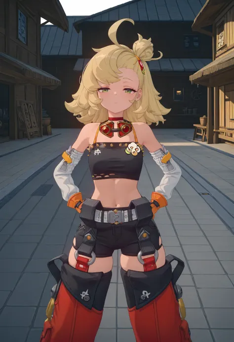 masterpiece, best quality, amazing quality, very aesthetic, absurdres, newest, scenery, volumetric lighting, perfect eyes, ultra detailed,
1girl, Piper Wheel, solo, blonde hair, ahoge, messy hair, hair bun, green eyes, 
black crop top, detached sleeves, sh...