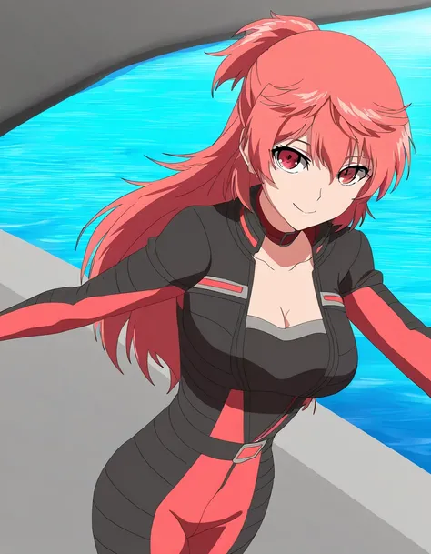 masterpiece, best quality, newest, absurdres, highres, safe,, <lora:aoi-hidaka-s1-illustriousxl-lora-nochekaiser:1>, aoi hidaka, long hair, pink hair, red hair, red eyes, ponytail, short ponytail,, bodysuit, black bodysuit, red bodysuit, cleavage,, bridge,...