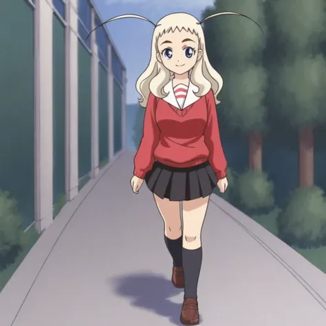 Outdoors,   <lora:Freesia_Yagyu-000017:0.7> freesia-yagyu, 1girl, solo, blue eyes, blonde hair, zigzag bangs, hair antennae, school uniform, white collar, red sweater, long sleeves, black skirt, pleated skirt, black socks, brown loafers, full body, walking...