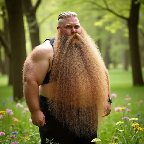 A  realistic photo of a man with a huge bushy blond beard down to his waist. He is  very obese but musclebound, with a very hairy body and huge biceps. He has blue eyes and chubby cheeks. He is standing in a sunny forest glade, with oak trees and colorful ...