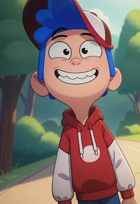 score_9, score_7_up, 
maurihero, 1boy, male focus, solo, black eyes, blue hair, short hair, hat, baseball cap, red headwear, hoodie, hood, red hoodie, white sleeves, smile, grin,
outdoor,