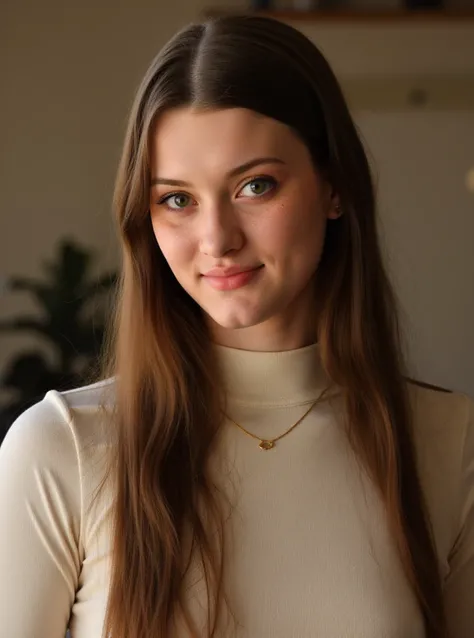 portrait of ol1v14m4d1s0n woman, on a office, serene and warm, natural lighting, soft focus, high-resolution, elegant and introspective atmosphere, quiet sophistication, wearing a turtleneck yarn blouse, slight smile

