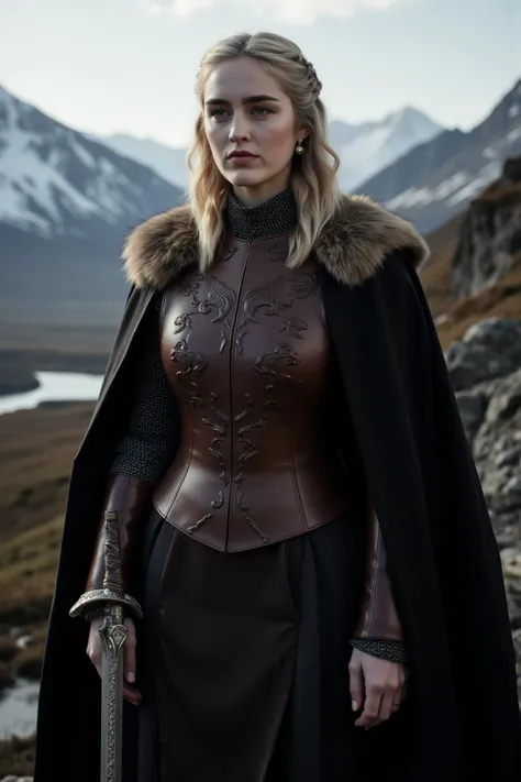 Create a hyper-realistic portrait of a regal woman inspired by the "Game of Thrones" aesthetic, but dressed in battle-ready attire. She stands in a windswept mountain pass, her armor gleaming under the muted sunlight. Her outfit combines elegance with prac...