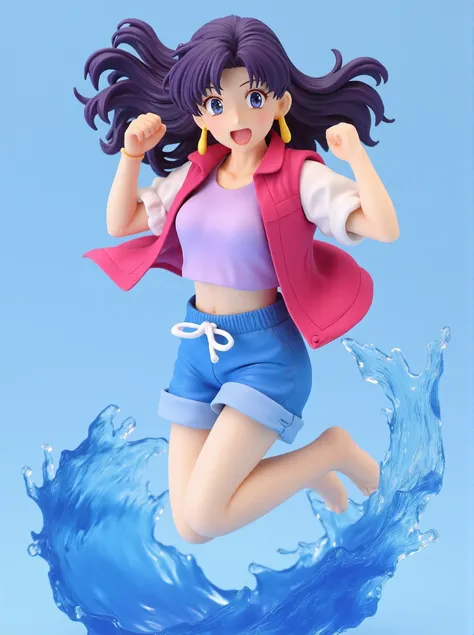 notafigure, a young woman with long flowing dark purple hair and blue eyes, wearing yellow earrings. Shes dressed in a casual summer outfit consisting of a lilac crop top, pink vest with white puffy sleeves, and blue shorts with white drawstrings. Captured...