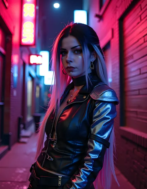 In a gritty, neon-lit cyberpunk alleyway, FUND3V1L - a captivating, multi-haired chameleon of a woman with cascading locks in shades of black, blonde, pink, and white, her vibrant makeup echoing the citys electric glow - stands defiantly solo against the g...