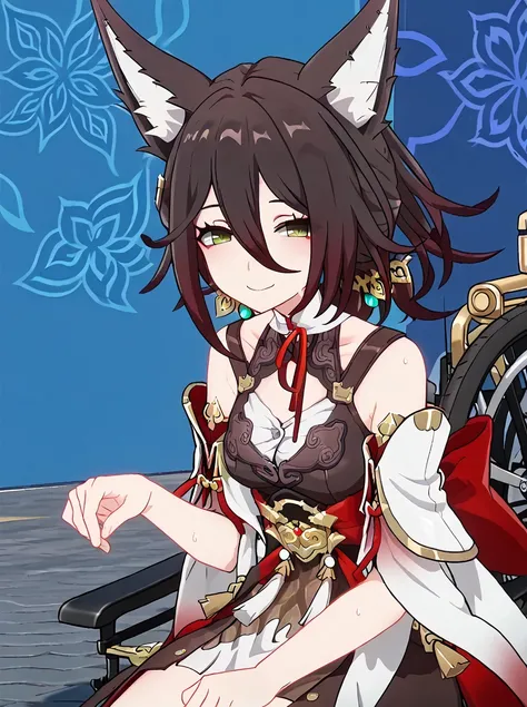 detailed background, shiny skin, posing, rating safe,
<lora:fugue.pony:1>,
tingyun, 
wheelchair, sit,  nervous smile, half-closed eyes, looking at viewer, sweat, neck cast, neck holder, neck caster,