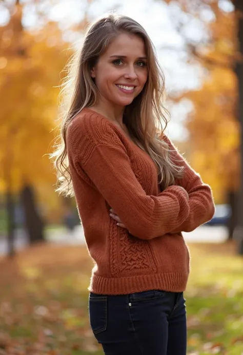 {   "T5": "A high-quality portrait photo of a slender, fit woman named Autumn Briggs, captured in a natural outdoor setting during autumn. The photo is taken with a Canon EOS R5 camera using a 50mm f/1.2 lens to achieve a shallow depth of field, emphasizin...