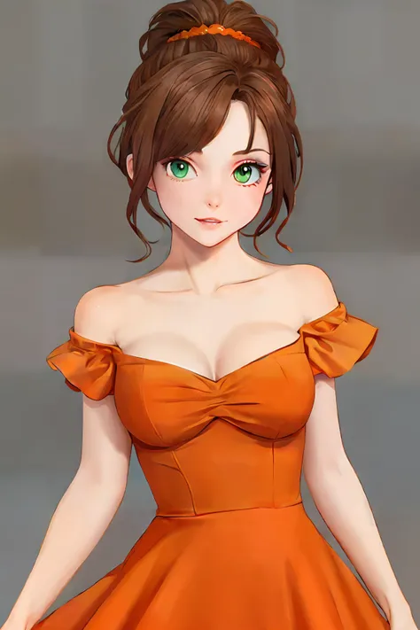 {adult woman, full_body}:0.7, {green_eyes, brown_hair::ponytail_;},  {simple_background}, fashionable_dress::{orange_dress, strapless_dress, sweetheart_neckline}_;, front_facing,