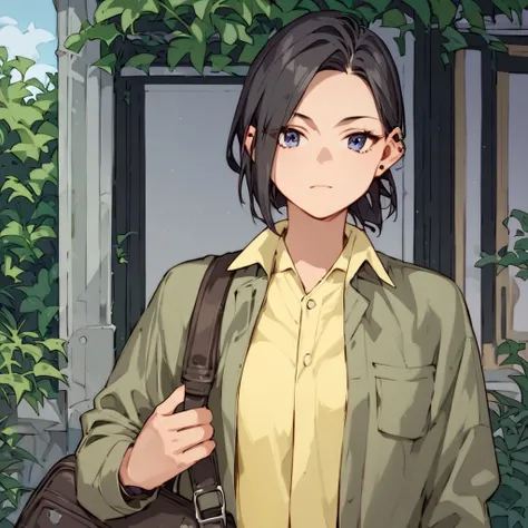 score_9,score_8_up,score_7_up, 1girl, solo, small breasts, collared shirt, closed mouth, yellow shirt, open clothes, solo focus, bag, shirt, outdoors,  hair behind ear, black hair,