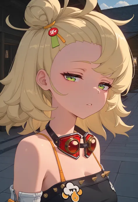 masterpiece, best quality, amazing quality, very aesthetic, absurdres, newest, scenery, volumetric lighting, perfect eyes, ultra detailed,
1girl, Piper Wheel, solo, blonde hair, ahoge, messy hair, hair bun, green eyes, 
black crop top, detached sleeves, sh...