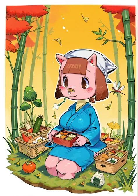 <lora:Ohbunti_r1:1.3>,1girl, daisy mae (animal crossing), huge breasts, , autumn, autumn leaves, bamboo, basket, bento, blue kimono, blush, blush stickers, brown hair, bug, dragonfly, food, fruit, furry, furry female, ginkgo leaf, grass, head scarf, japane...