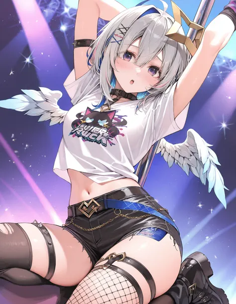 masterpiece, best quality, very aesthetic, p4rsley-f_illu, p4rsley-f_illu,
 1girl,ahoge,amane_kanata,amane_kanata_(punk_rock),angel_wings,arm_up,arm_warmers,black_footwear,black_shorts,blue_hair,blush,character_print,colored_inner_hair,grey_hair,hair_betwe...