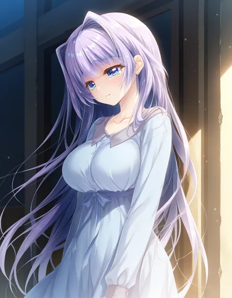 ,best quality, good quality,
,1girl,
outside
standing,
sad,tearing up, 
 <lora:ill-nine-haruka:0.9>nineharuka,long hair, large breasts, blue eyes, hair intakes, bangs, very long hair,light purple hair