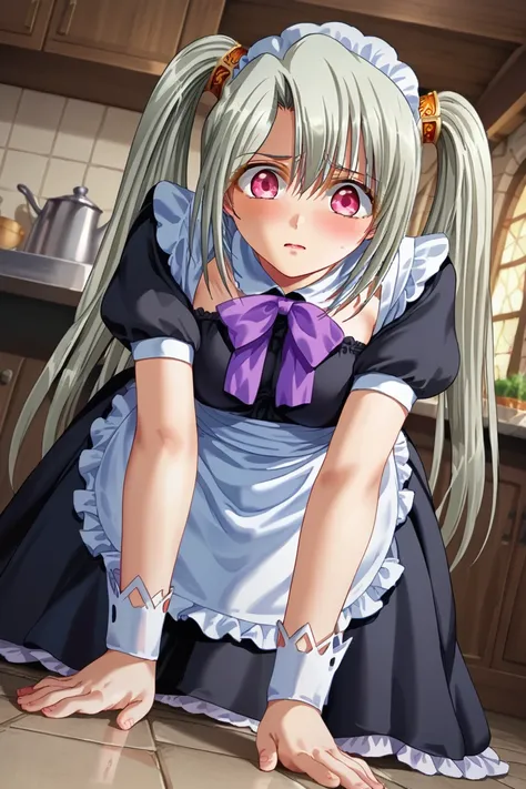 score 9, score 8 up, score 7 up, source anime,1girl,solo focus,  <lora:Liese_Luvens:1>HimeLiese
MAILIESE,golden hairpin,gray hair,long hair,twintails,ruby eyes,parted bangs,maid dress,pruple ribbon,short sleeves,silk goves,apron,embarassed,blushing,on all ...