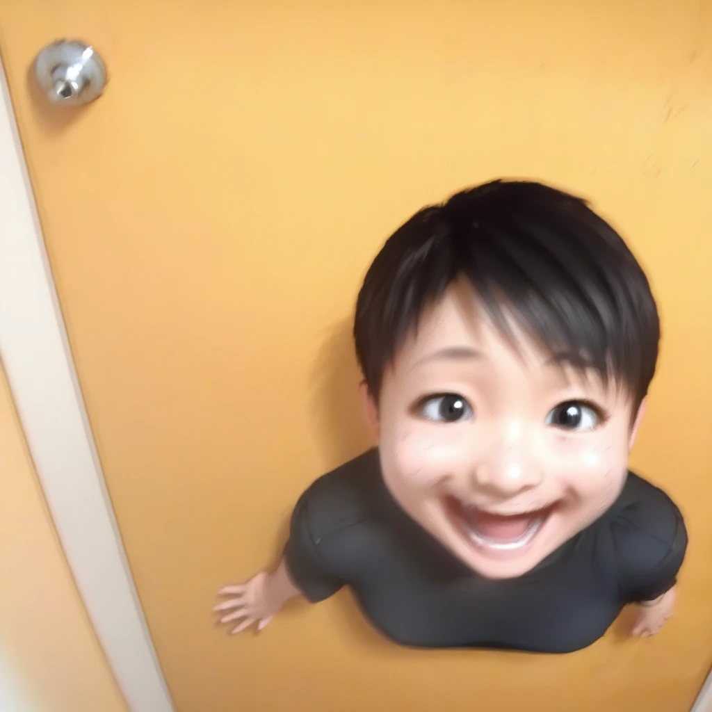 from above, short hair, door, black eyes, solo, open mouth, smile, animal, black shirt