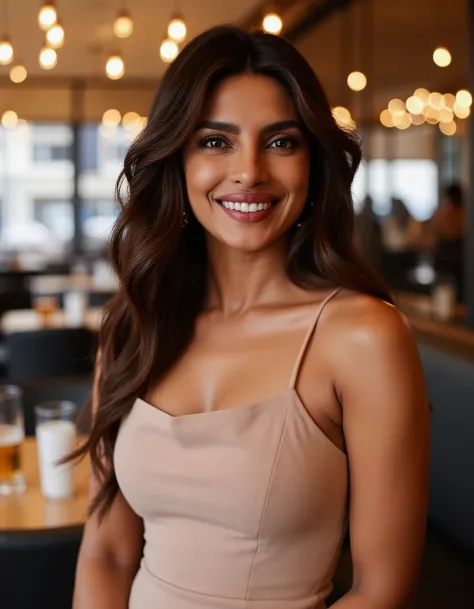 <lora:Priyanka_Chopra_Flux:1>  This is a  beautiful photograph of a woman, wavy dark brown hair cascading over her shoulders. She is wearing a boatneck dress, Standing in a cafe. Looking at the viewer. Smile.