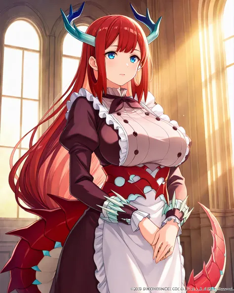 <lora:Tillroo Illustrious XL V1:1> Tilr00, long red hair, mature female, connected hair, dragon horns, dragon tail, blue eyes, big breasts, bangs, dress, buttons, maid outfit, maid, maid apron; sunlight, rim lighting, dramatic lighting, absurdres,, (master...