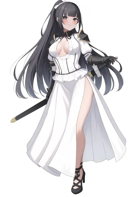 1girl, narberal gamma, overlord (maruyama), 
hakumai (5fc), 
black hair, dress, holding, ponytail, scabbard, v-shaped eyebrows, full body, pauldrons, gauntlets, medium breasts, breasts apart, sheath, smile, standing, blunt bangs, long dress, grey backgroun...