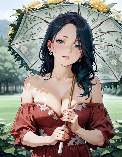 hud_gwn1i_illust, red dress, off shoulder, floral umbrella, upper body, <lora:hud_gwn1i_illust:0.7>, absurdres, masterpiece, best quality, amazing quality