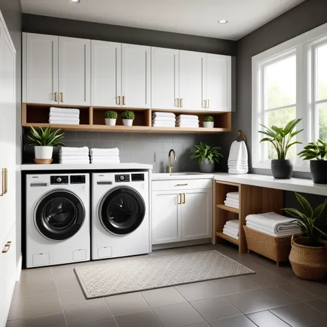 A clean and organized modern laundry room with bright, natural lighting streaming through a nearby window. The room features sleek white cabinets, a polished countertop for folding clothes, and a pair of front-loading washer and dryer units stacked neatly ...