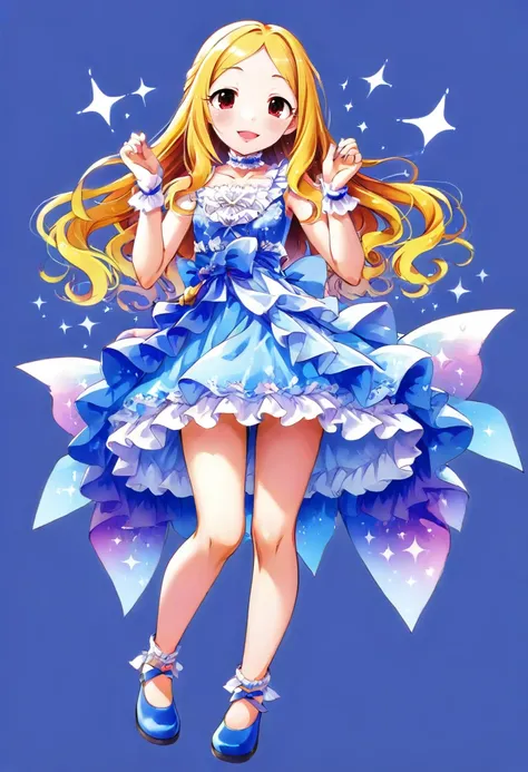 1girl, mochizuki hijiri, idolmaster, idolmaster cinderella girls, :d, anklet, bare legs, blonde hair, blue background, blue choker, blue dress, blue footwear, blue ribbon, bow, choker, dress, dress bow, facing ahead, floating, floating hair, frilled dress,...