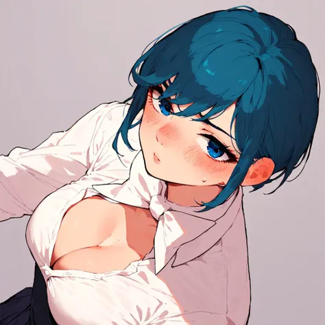 score_9,score_8_up,score_7_up, 1girl, solo, breasts, white bow, long sleeves, short hair, shirt, blush, cleavage, collared shirt, Skirt, Blue hair, blue eyes, Bangs,