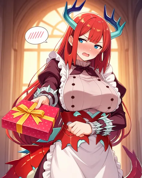 <lora:Tillroo Illustrious XL V1:1> Tilr00, long red hair, mature female, connected hair, dragon horns, dragon tail, blue eyes, big breasts, bangs, dress, buttons, maid, maid outfit, maid apron; looking away, open mouth, full-face blush, tsundere, nervous, ...