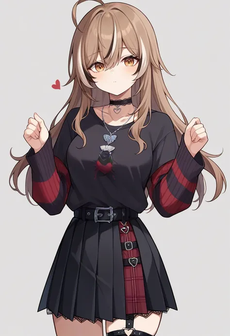 score_9,score_8_up,score_7_up,score_6_up,score_5_up,score_4_up,
1girl, nanashi mumei, long hair, ahoge, black lace-trimmed choker, heart pendant, black t-shirt, short over long sleeves, sweater under shirt, striped sweater, necklace, black skirt, pleated s...