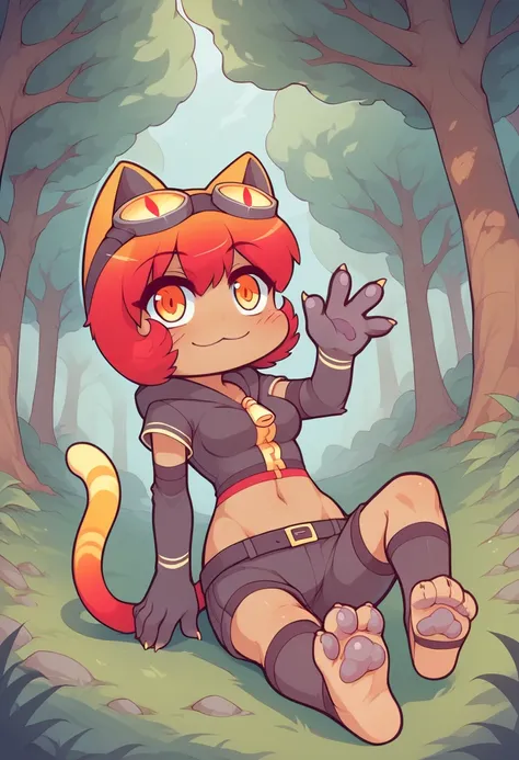 score_9, score_8_up, score_7_up, BREAK,
chibi, outline,
1girl, boopies, red hair, short hair, orange eyes, cat ears, dark skin,
goggles on head,
crop top hoodie,zipper,  zipper pull tab, navel, midriff,  elbow gloves, belt, shorts, red stirrup thighhighs,
...