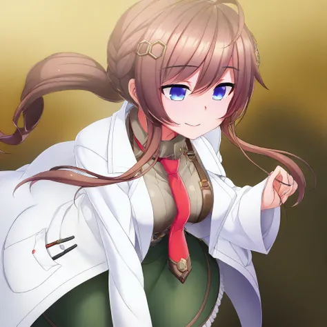 very awa,masterpiece, best quality, good quality,anime coloring,game_cg,1girl,Jekyll_OtogiFrontier,blue eyes,brown hair,low ponytail,sidelocks,white labcoat,green skirt,red necktie