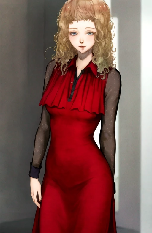 ((best quality)), ((masterpiece)), (detailed),  <lora:Kukrushka-07:1> kukrushka, blonde hair, long hair, blue eyes, wavy hair, standing, red dress