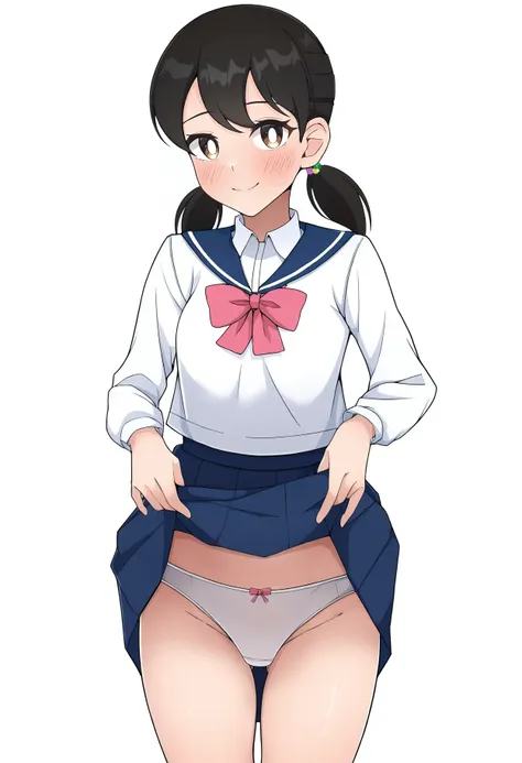 1girl, minamoto shizuka, doraemon, 
nisanka futon, 
pink bow, shirt, looking at viewer, crotch seam, black hair, school uniform, serafuku, bowtie, white panties, cowboy shot, closed mouth, solo, panties, pleated skirt, skirt, smile, collared shirt, clothes...