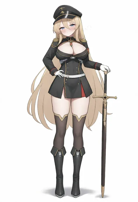 1girl, bismarck (beacon of the iron blood) (azur lane), azur lane, 
full body, boots, black headwear, simple background, uniform, thighhighs, looking at viewer, cleavage, weapon, solo, holding weapon, military uniform, armor, hat, black footwear, white bac...