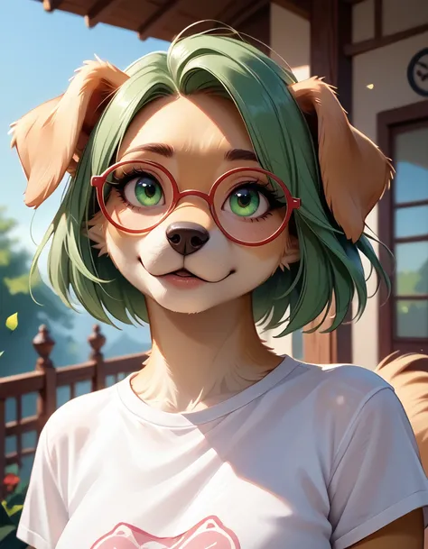 score_9,score_8_up,score_7_up,score_6_up,
outdoors,
headshot,seductive smile,parted lips,long eyelashes,happy, 
t-shirt, 
<lora:Mochi_v01_PDXL:1>,Mochi,1girl,solo,furry female,dog girl,dog tail,dog ears,green hair,short hair,green eyes,glasses,snout,animal...