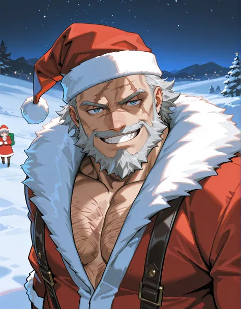 (2D,best quality,looking at viewer,source_anime,cute,curvy,plump,lovely,snow,night), scar on face, muscular,  oger paymaster,gray hair,beard,Santa hat,Santa costume,smile,children,to give a child a gift,<lora:Oger_Paymaster:0.8>