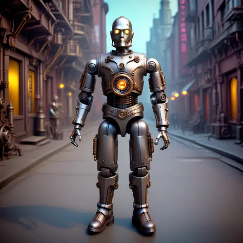 realistic grey iron steampunk android, boots, miniature, hyper realistic, action figure, reality-shot, realism, realistic photography of a very detailed awesome robot, in a cyberpunk modern city environment, looking at viewer, magical landscape with enchan...