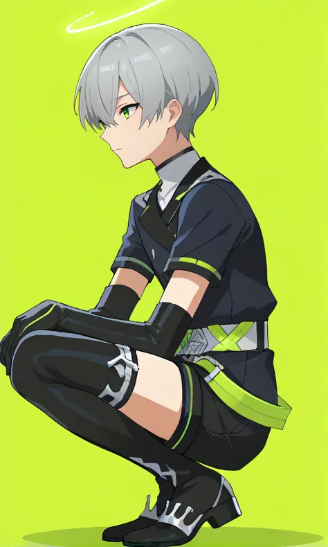 score_9, score_8_up, score_7_up, source_anime, rating_safe, intricate details, anime screencap, official style, anime coloring, 1boy, solo, <lora:Arene:1>, arene, grey hair, green eyes, short sleeves, black elbow gloves, belt, black shorts, black thigh boo...