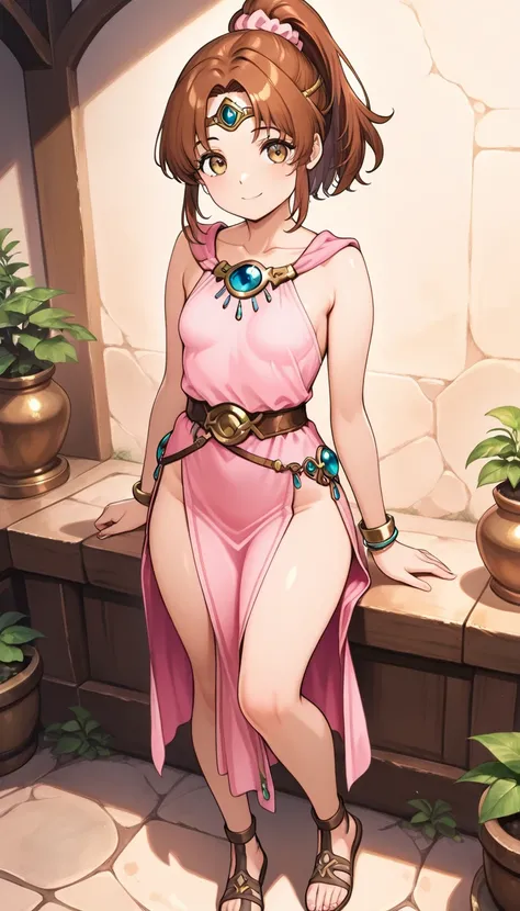 <lora:felinde_ill_v0.90:0.8>felinde, , brown hair, brown eyes, forehead protector, ponytail, hair pink scrunchie, pink dress, sleeveless, circlet, small breasts,  bracelet, pelvic curtain, sandals
masterpiece, best quality, extremely delicate and beautiful...