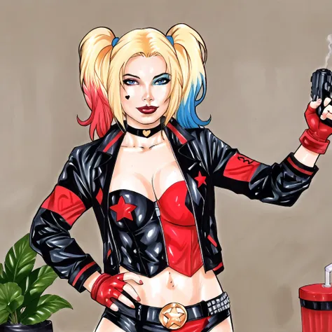 <lora:matthenry_pony_v1:1> score_9, matthenry_style, matthenry, source_artwork, traditional media  <lora:harleyquinnrebirth_pony_v1:0.8> harleyquinnrebirth, 1girl, large  breasts, fingerless gloves, twintails, short shorts, open jacket, blonde hair, makeup...