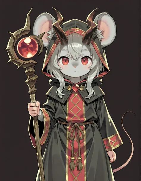 (2D,best quality,solo,source_anime,looking at viewer,cute,lovely,straight-on,from front,facing viewer,Simple black background), mouse_ears,standing,  hood, hooded robes, horns,holding staff,gray fur,Shortstack,red eyes,<lora:Grey_Seer:1>