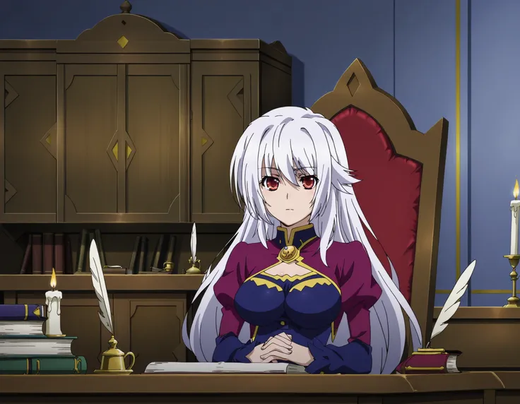 anime screencap, anime coloring, detailed face,
indoors,
<lora:Eleonora_Viltaria_Lord_Marksman_and_Vanadis_-_Illustrious:.8>Eleonora Viltaria, 1girl, solo, long hair, quill, candle, red eyes, breasts, book, desk, own hands clasped, own hands together, sitt...