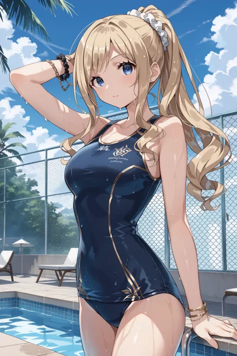 score_max, (score_9, score_8_up, score_7_up:1.2), score_6_up, official art, source_anime,
, masterpiece, absurdres, high detail, 8k,
poolside, chain-link fence, blue sky,
standing, adjusting hair, wet, looking at viewer,
kamotti, ponytail, hair scrunchie, ...