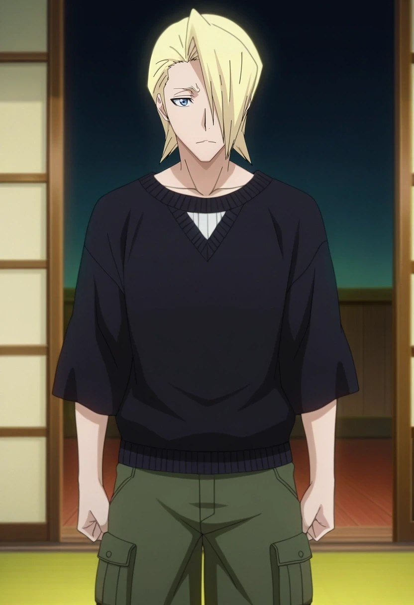 masterpiece, best quality, , anime screencap, anime coloring, official style, , 1boy, solo, male focus, <lora:izuru_kira_ilxl:0.96>, izuru_kira, blonde hair, blue eyes, short hair, hair over one eye, black kimono, , Cargo shorts, Lurex Color-block sweater,...