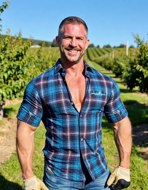 dougiemuscle a man standing on a ranch. he is handsome. he is muscular. he is a bodybuilder. he has a beard. he is wearing a button up plaid shirt with rolled up sleeves. the shirt is closed. he is wearing blue jeans. he is wearing work gloves.  he is smil...