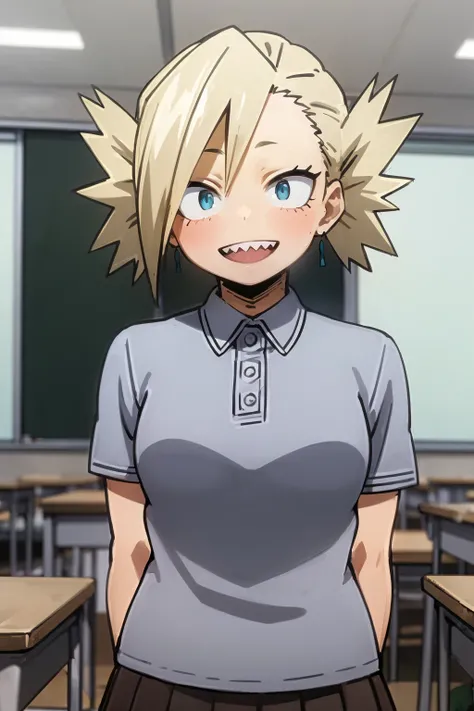 masterpiece, best quality, flat color,
1girl, nakagame, blonde hair, short hair, blue eyes,
pleated skirt, short sleeves, collared shirt,  grey shirt, school uniform,
arms behind back,
upper body,
smile, open mouth, sharp teeth,
solo, looking at viewer, in...