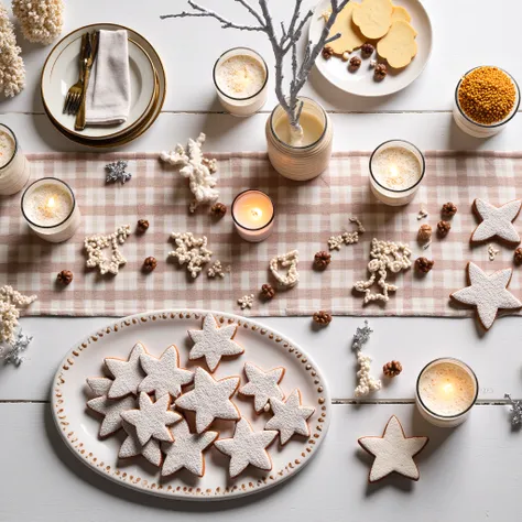 A high-angle, full shot of a festive holiday table setting.  The table is light-white wooden planks. A beige and cream gingham tablecloth is laid out, with several small, sugar-dusted snowflake-shaped cookies and star-shaped cookies arranged on decorative ...