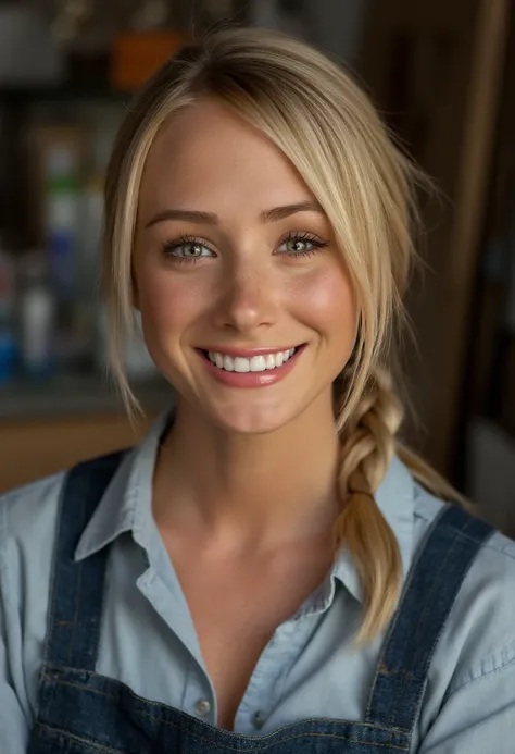 the image is a high-quality professional close-up headshot photograph  of sarajeanunderwood.  She is looking directly at the viewer and smiling. The background is workshop.  Shot with small amount of film grain. This is a SFW image.