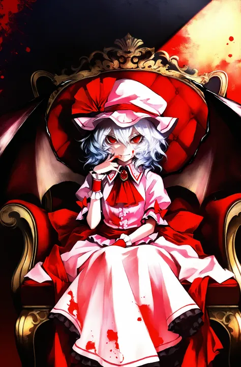 masterpiece, best quality, banpai akira, 1girl, remilia scarlet, solo, hat, wings, bat wings, red eyes, sitting, blood, dress, white hair, short hair, wrist cuffs, ribbon, hat ribbon, brooch, ascot, looking at viewer